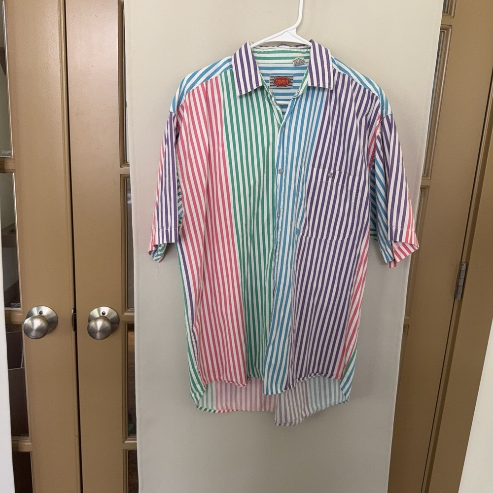 Duner Men's Large Colorful Striped Vintage 90's Short Sleeve Button Up Shirt - Picture 2 of 8